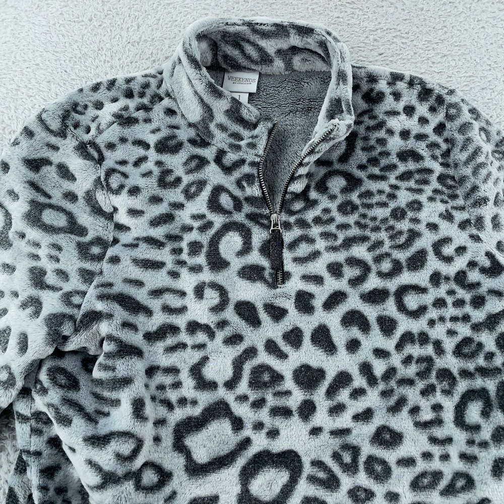 Weekends by Chico's Pullover Womens 1 Gray Leopard Sherpa Fleece Quarter Zip